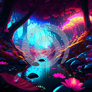 Fantasy forest scene. 3d rendering, 3d illustration. Generative AI