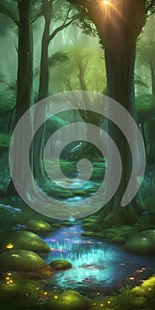 Fantasy forest with a stream and trees