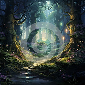 A fantasy forest with winding paths leading to hidden creatures
