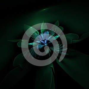 Fantasy fractal green blue flower on black background. Original background for your graphic design