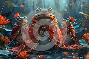 Fantasy Frog in colorful costumes Fairytale illustration Generative AI