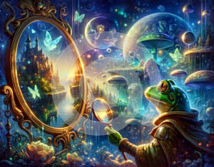 Fantasy Frog Detective with Magnifying Glass and Mirror