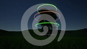 Fantasy future landscape neon tree. Neon circle. Science fiction. Starry night sky.