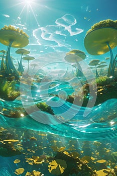 Fantasy and futurictic, fluid landscape with rolling hills, waves of water