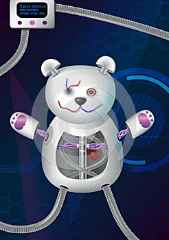 Fantasy futuristic hi-tech illustration of a bionic robot mechanical teddy bear with red heart, cords, charger and other