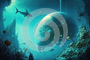 Fantasy futuristic underwater seascape with lost city. Generative AI