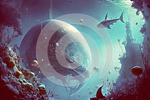 Fantasy futuristic underwater seascape with lost city. Generative AI