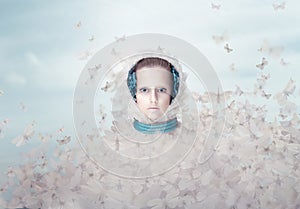Fantasy. Futuristic Woman with Flying Butterflies