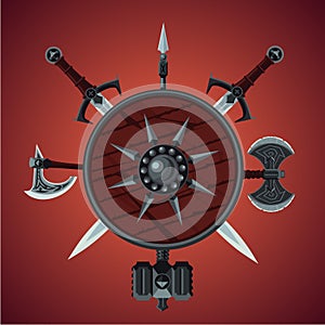 Fantasy game background. Vector banner with antique weapons. Sword, axe and shield.