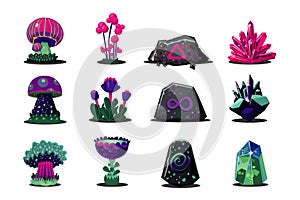 Fantasy game environment set. Cartoon style flowers, stones and mushrooms. Concept design art.