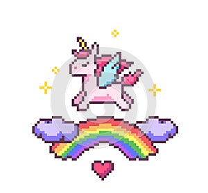 Fantasy game pixel art poster with unicorn, heart, rainbow, stars, glitters and clouds.