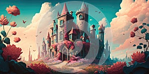 fantasy garden castle with many flowers roses and cloud illustration design art.