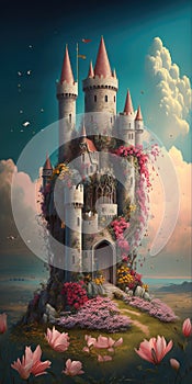 fantasy garden castle with many flowers roses and cloud illustration design art.