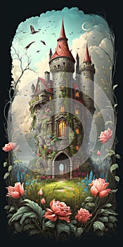 fantasy garden castle with many flowers roses and cloud illustration design art