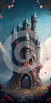 fantasy garden castle with many flowers roses and cloud illustration design art