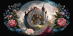 fantasy garden castle with many flowers roses and cloud illustration design art