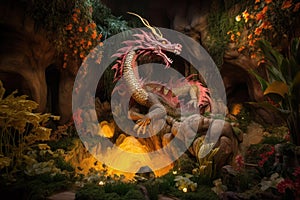 fantasy garden with dragon and wizard, symbolizing the magical power of fire