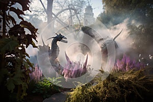 fantasy garden with magical creatures and wisps of smoke