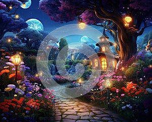 fantasy garden in a night for children.