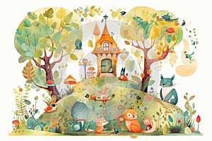 fantasy garden with talking animals, fairytale characters and magical creatures