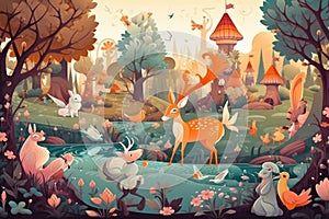 fantasy garden with talking animals, fairytale characters and magical creatures