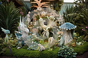 fantasy garden with whimsical creatures and mythical beings