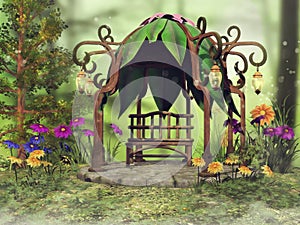 Fantasy gazebo and colorful flowers