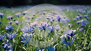 Fantasy gentle floral background with blue flowers in defocused setting