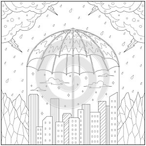 Fantasy giant umbrella covers the city from rain and thunder. Learning and education coloring page