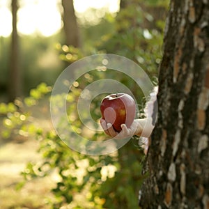 Fantasy girl holding a red apple in the forest