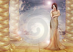 Fantasy. Glam. Enticing Lady in Stylish Dress over Abstract Background photo