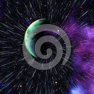 Fantasy glitch green planet speed light motion texture or space traveling and purple starry nebula sky