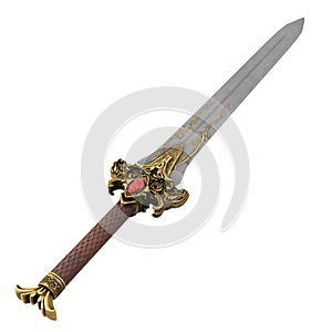 fantasy golden sword with long blade on isolated white background. 3d illustration