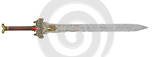 fantasy golden sword with long blade on isolated white background. 3d illustration