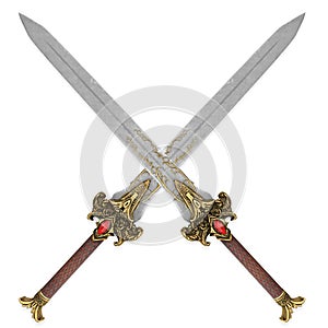 fantasy golden sword with long blade on isolated white background. 3d illustration