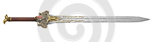 fantasy golden sword with long blade on isolated white background. 3d illustration