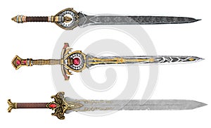 fantasy golden sword with long blade on isolated white background. 3d illustration