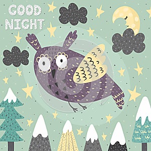 Fantasy good night card with a cute owl. Magic night background