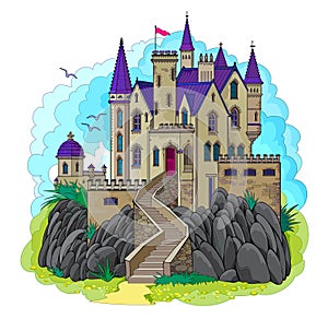 Fantasy gothic medieval kingdom. Cover for fairy tale book. Printable drawing for t-shirts, fabric, greeting card, decoration.