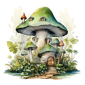 Fantasy green mushroom house. Watercolor illustration isolated on white background.