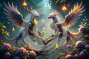 Fantasy Gryphons on Mythical Vine with Glowing Ethereal Flora photo