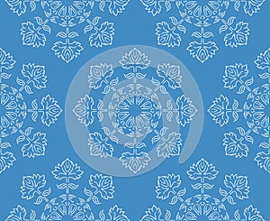 Fantasy hand drawn ethnic style white floral snowflake seamless pattern on blue, vector illustration