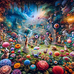 Fantasy Haven: AI-Captured Mythical Forest Teeming with Flowers and Creatures