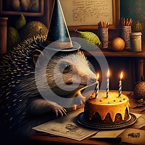 A fantasy hedgehog with a birthday cap sitting behind a table with a birthday cake with three candles on it. Created with