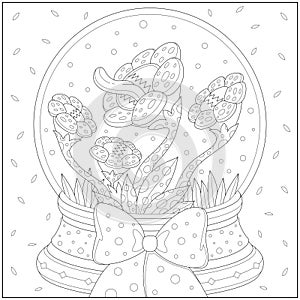 Fantasy herbivore flower in the glass ball with beautiful ribbon. Learning and education coloring page
