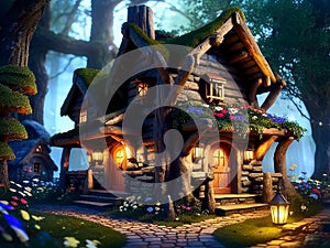 Fantasy Hobbit house in tree in fairytale forest. Generative AI