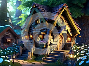 Fantasy Hobbit house in tree in fairytale forest. Generative AI