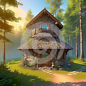 Fantasy Hobbit house in tree in fairytale forest. Generative AI