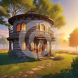 Fantasy Hobbit house in tree in fairytale forest. Generative AI