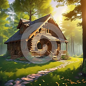 Fantasy Hobbit house in tree in fairytale forest. Generative AI